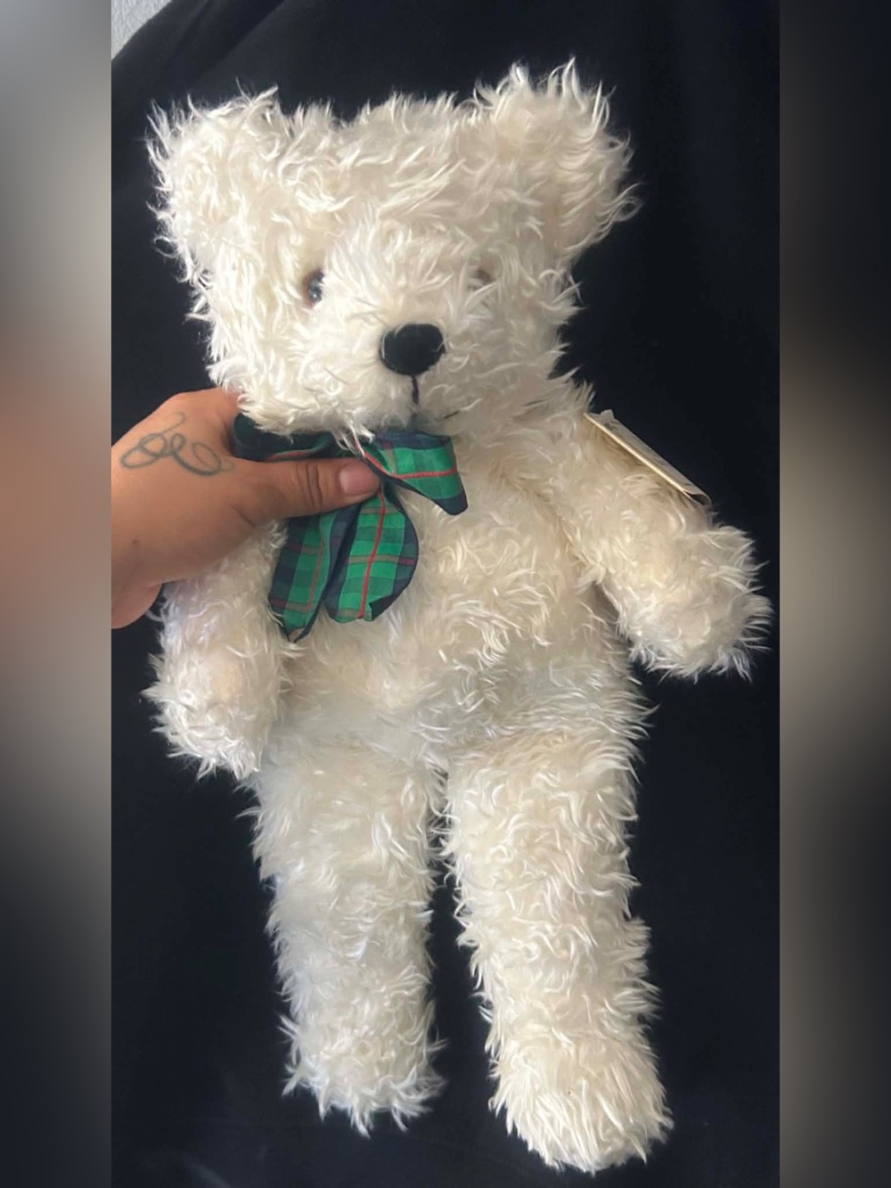 Plush White Teddy Bear with Green Plaid Bow
